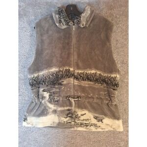 Denali Womens Scenic Landscape Fleece Vest Grey Cream Full Zip Drawstring Waist